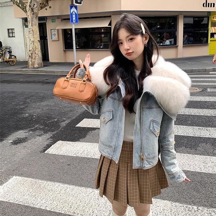 Faux Fur Neck Denim Coat For Women - tntwear1