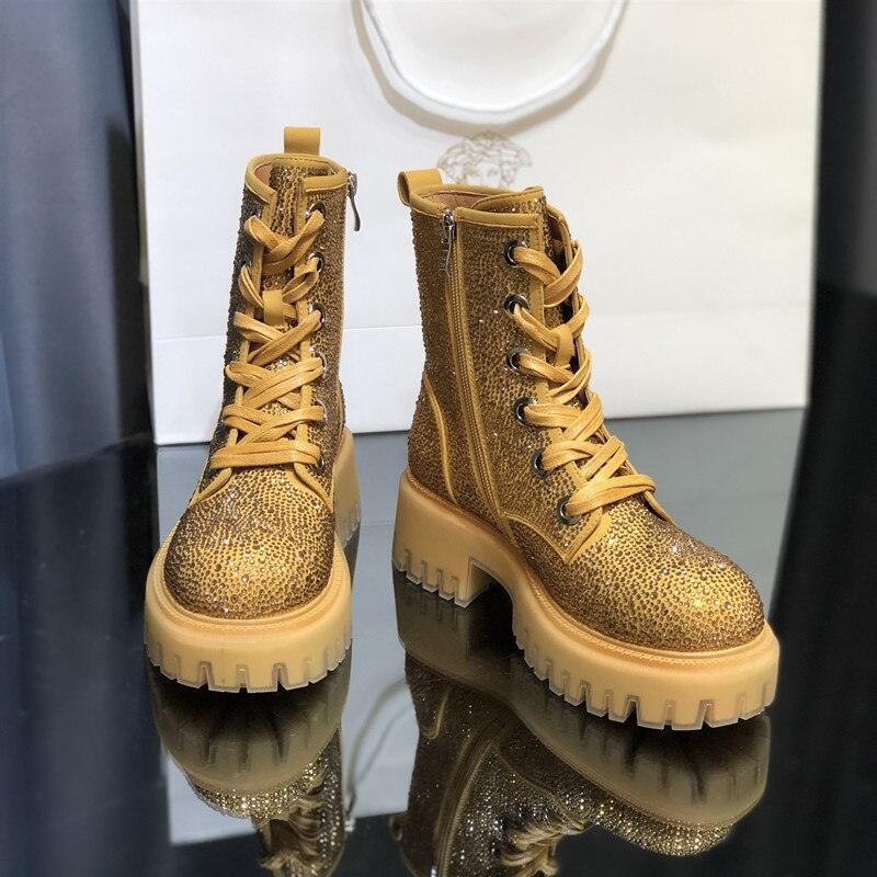 Leather Full Rhinestone Round Toe Thick Bottom Thick Heel Increased Side Zipper Lace-up Martin Boots - tntwear1