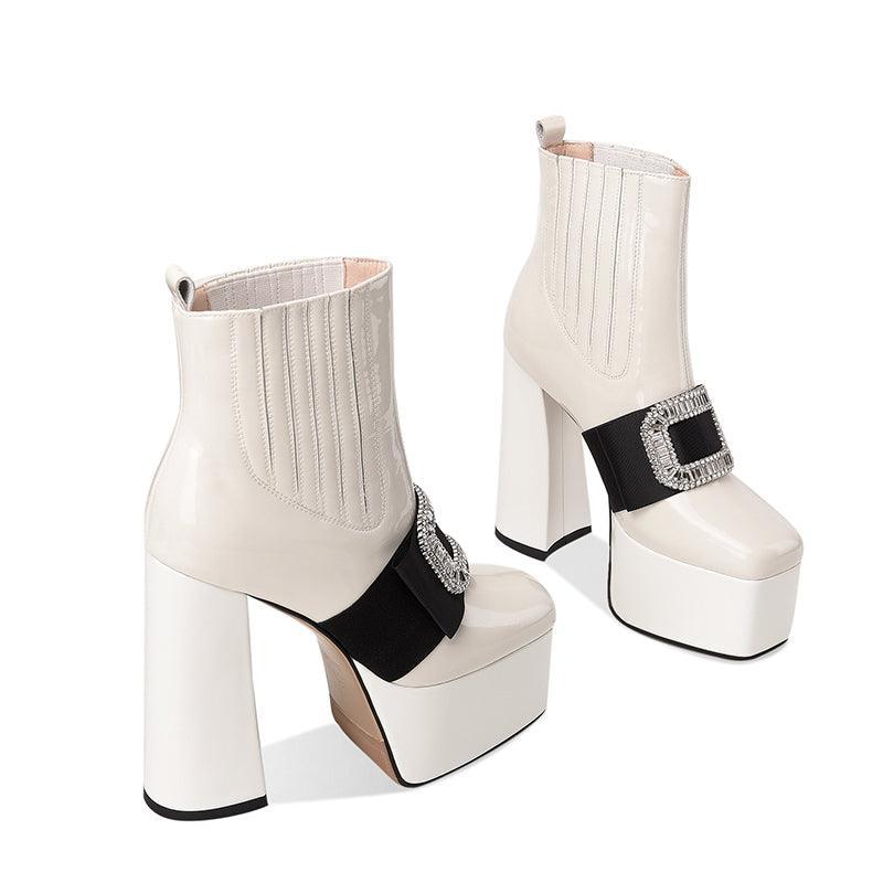 Autumn And Winter Leather Women's Shoes Wedding Shoes Stage Square Toe Thick Heels High Heels Sexy Large Size Leather Short Boots - tntwear1