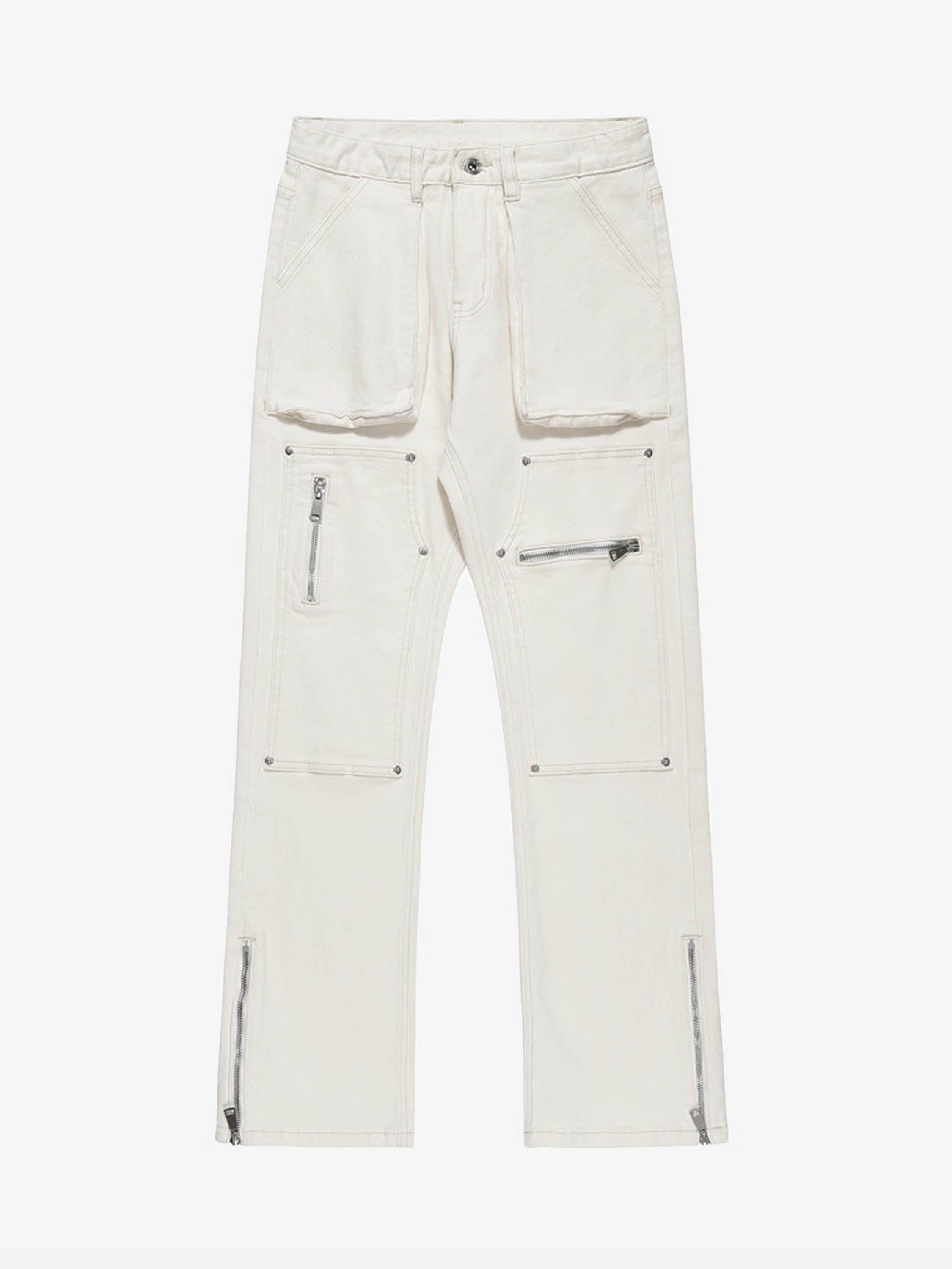 1984 High Street Zipper Patchwork Pocket Denim Pants Straight Leg - tntwear1