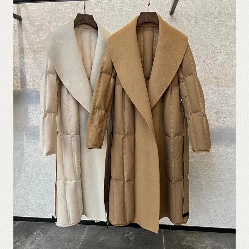 Women Down Coat Winter Double Sided Wool Stitched Goose Down Jacket Temperament Lace Up Ladies Warm Overcoat New - tntwear1