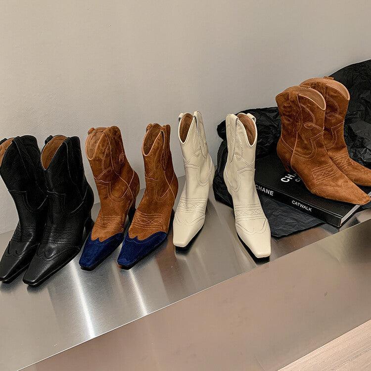 Color Blocking Designer Short Boots Genuine Leather High Heel Shoes Crystal Square Toe Ladies Western Boots - tntwear1