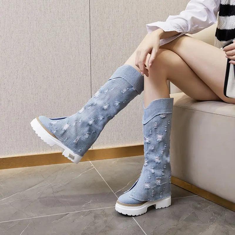 Kiara Knee High Denim Boots - tntwear1