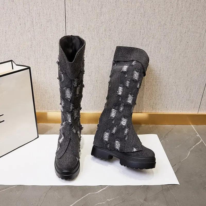 Kiara Knee High Denim Boots - tntwear1