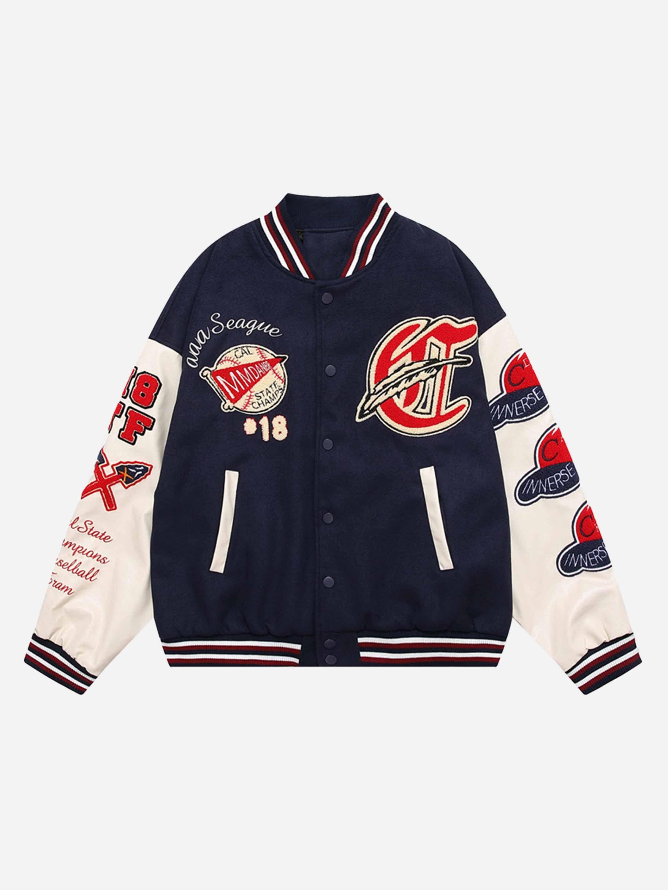 Tntwear® - American Patchwork PU Leather Sleeve Embroidered Alphabet Baseball Jacket-1819 - tntwear1