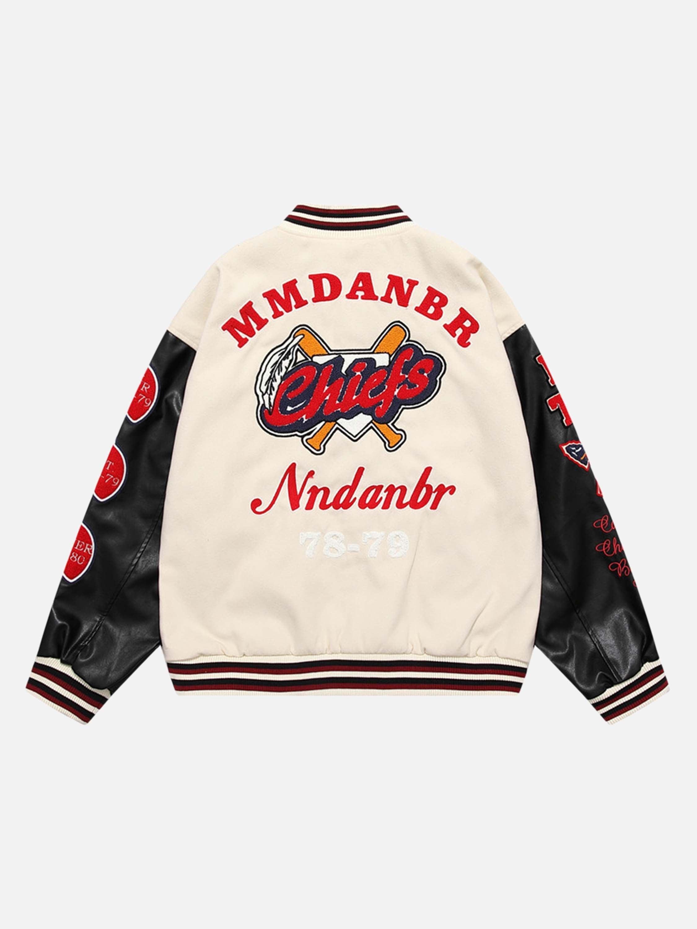 Tntwear® - American Patchwork PU Leather Sleeve Embroidered Alphabet Baseball Jacket-1819 - tntwear1