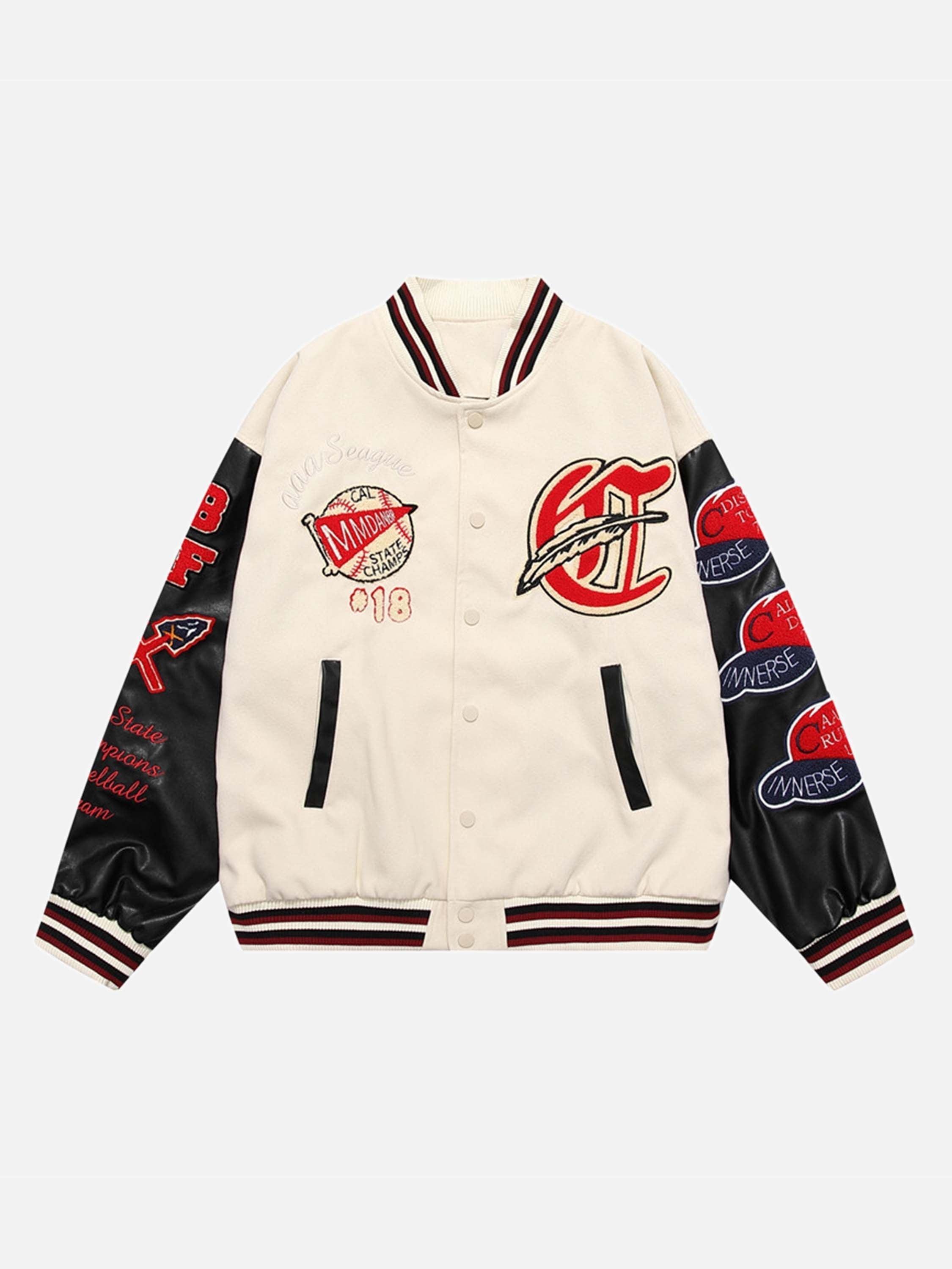 Tntwear® - American Patchwork PU Leather Sleeve Embroidered Alphabet Baseball Jacket-1819 - tntwear1