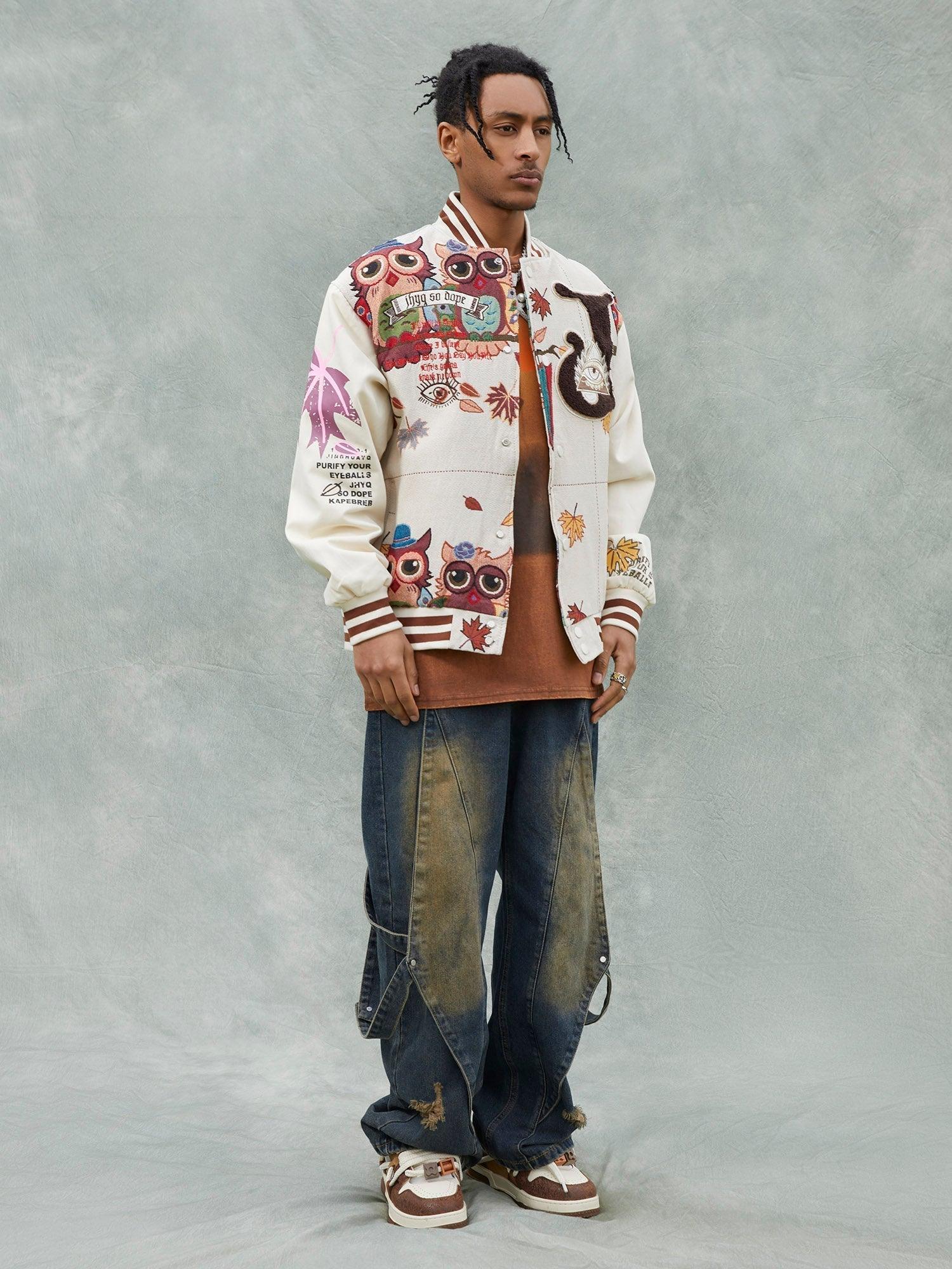 Tntwear® - Forest Style Owl Terry Patch Embroidered Baseball Jersey - tntwear1