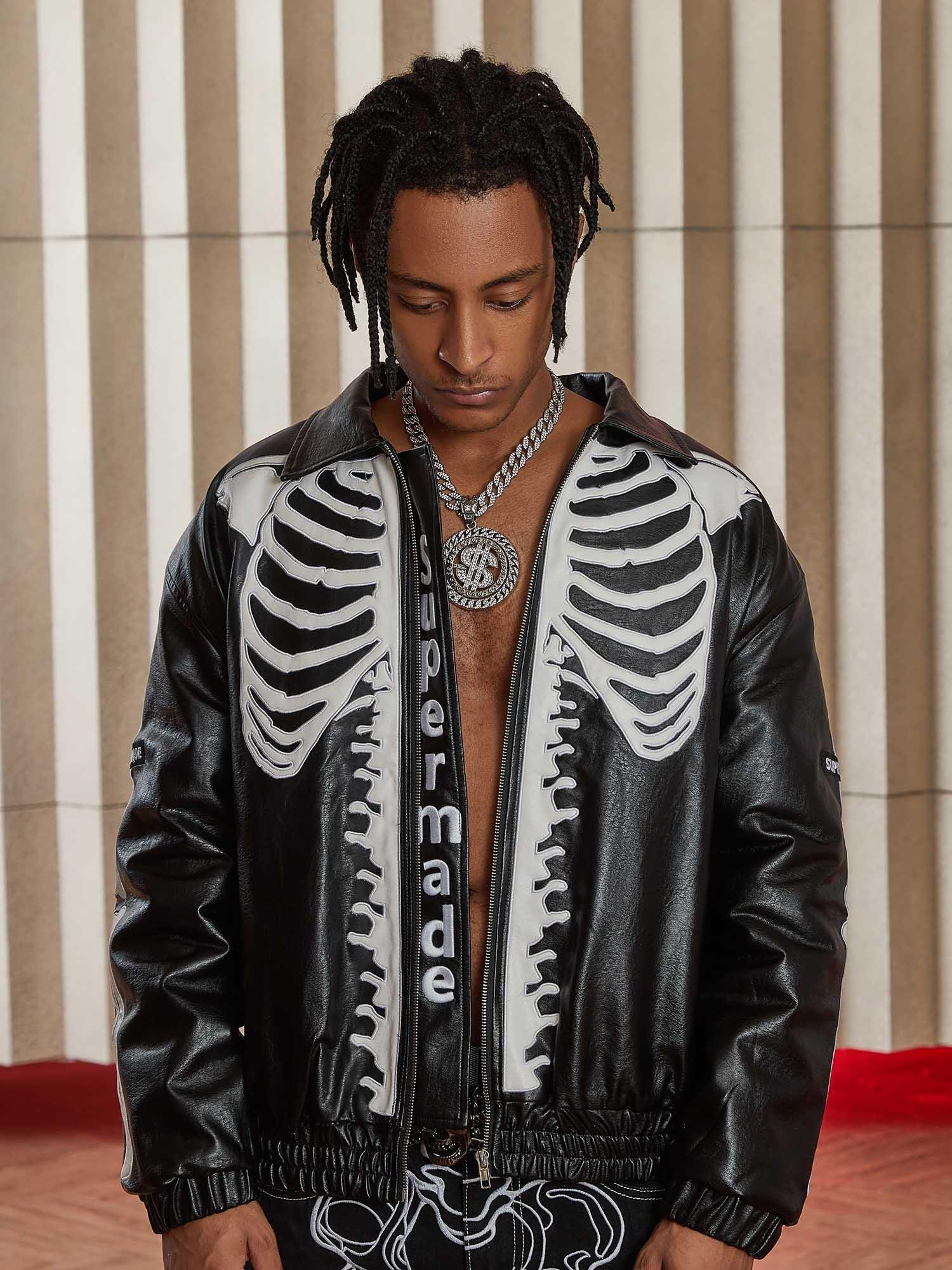 Tntwear® - Hip Hop Bones Embroidered Leather Jacket - 1833 - tntwear1