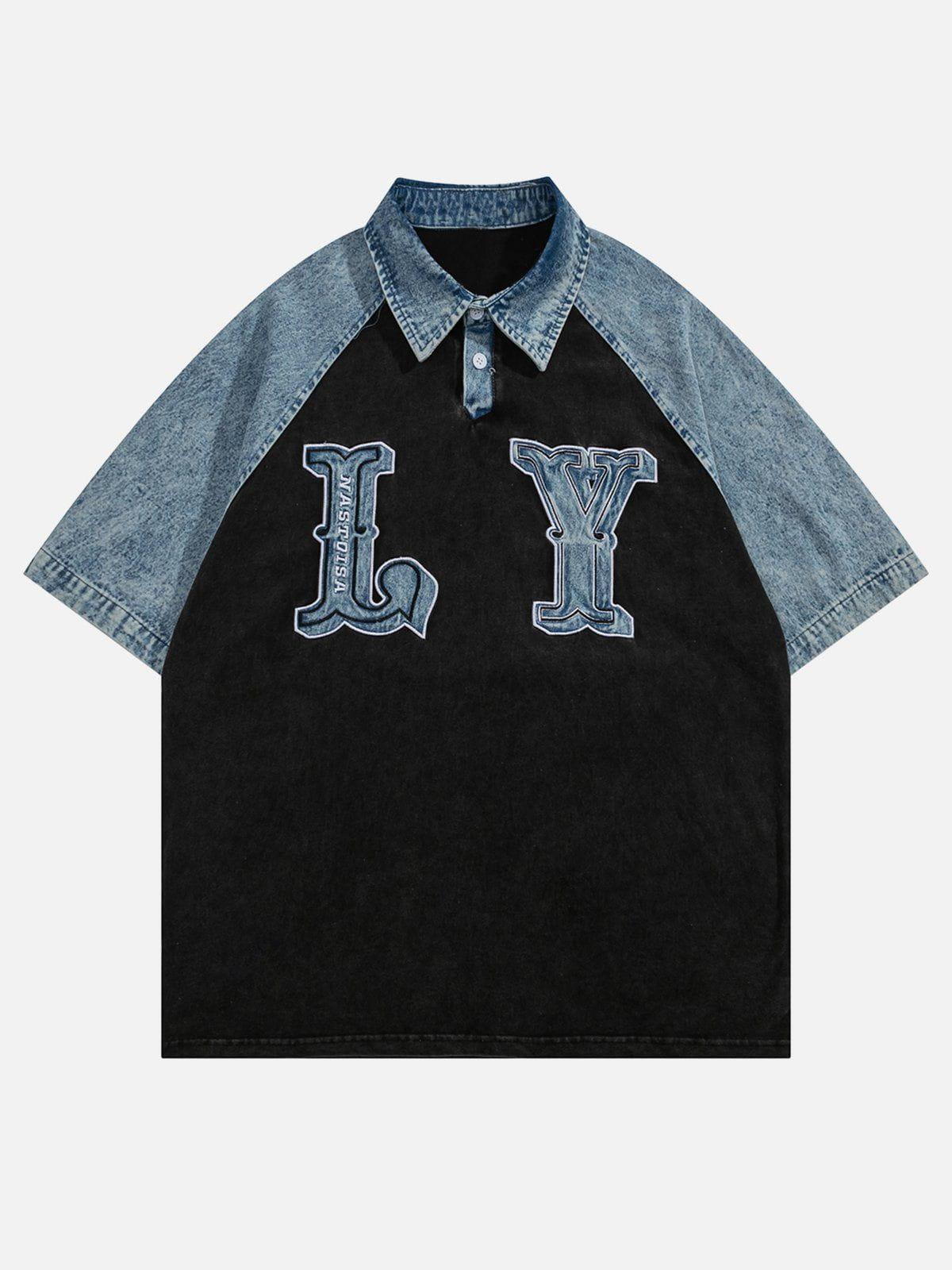 Tntwear® - LY Letter Patchwork Polo Collar Tee - tntwear1