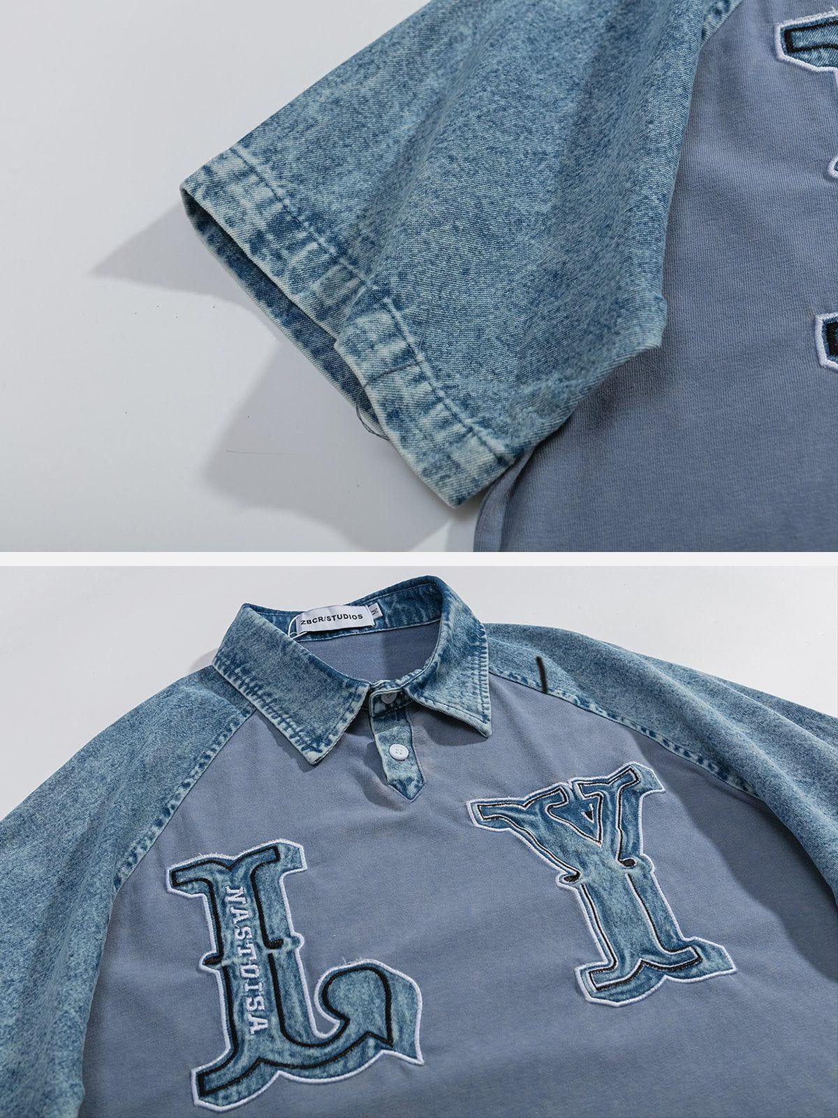 Tntwear® - LY Letter Patchwork Polo Collar Tee - tntwear1