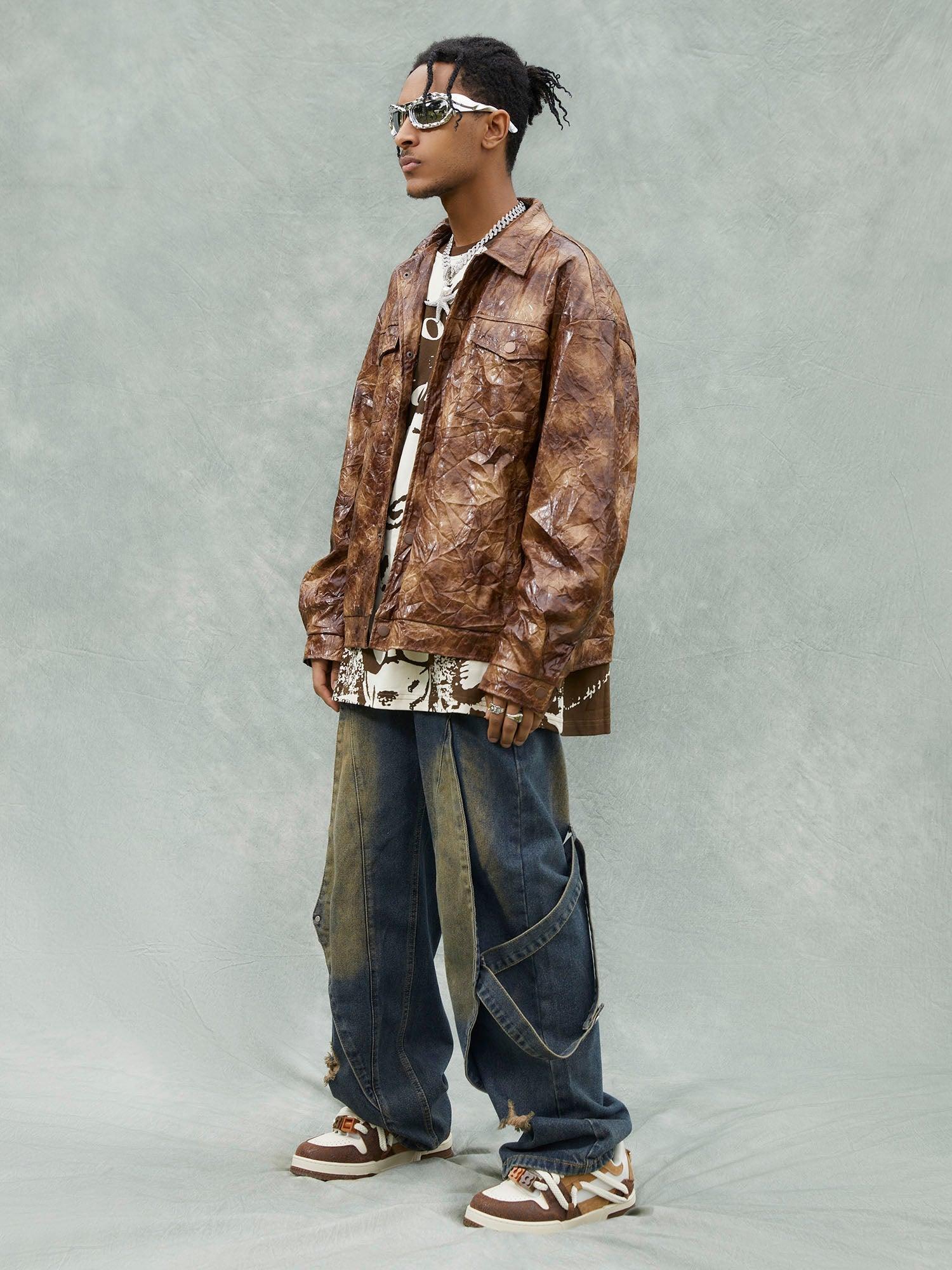 Tntwear® - Leather Pleated Slim Fit Brown Jacket - tntwear1