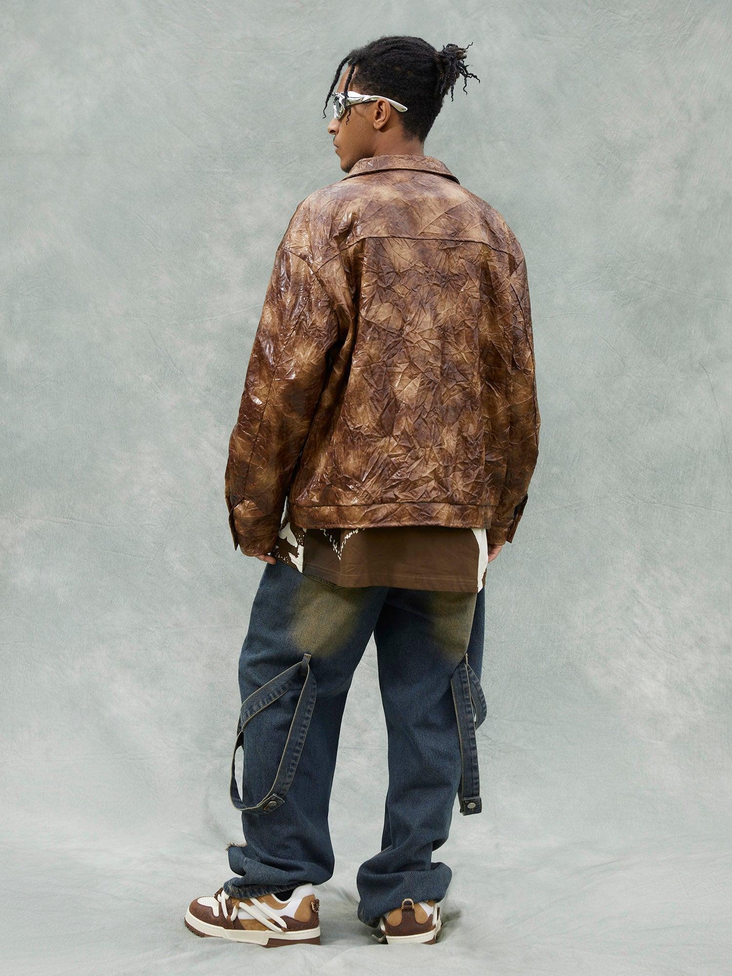 Tntwear® - Leather Pleated Slim Fit Brown Jacket - tntwear1