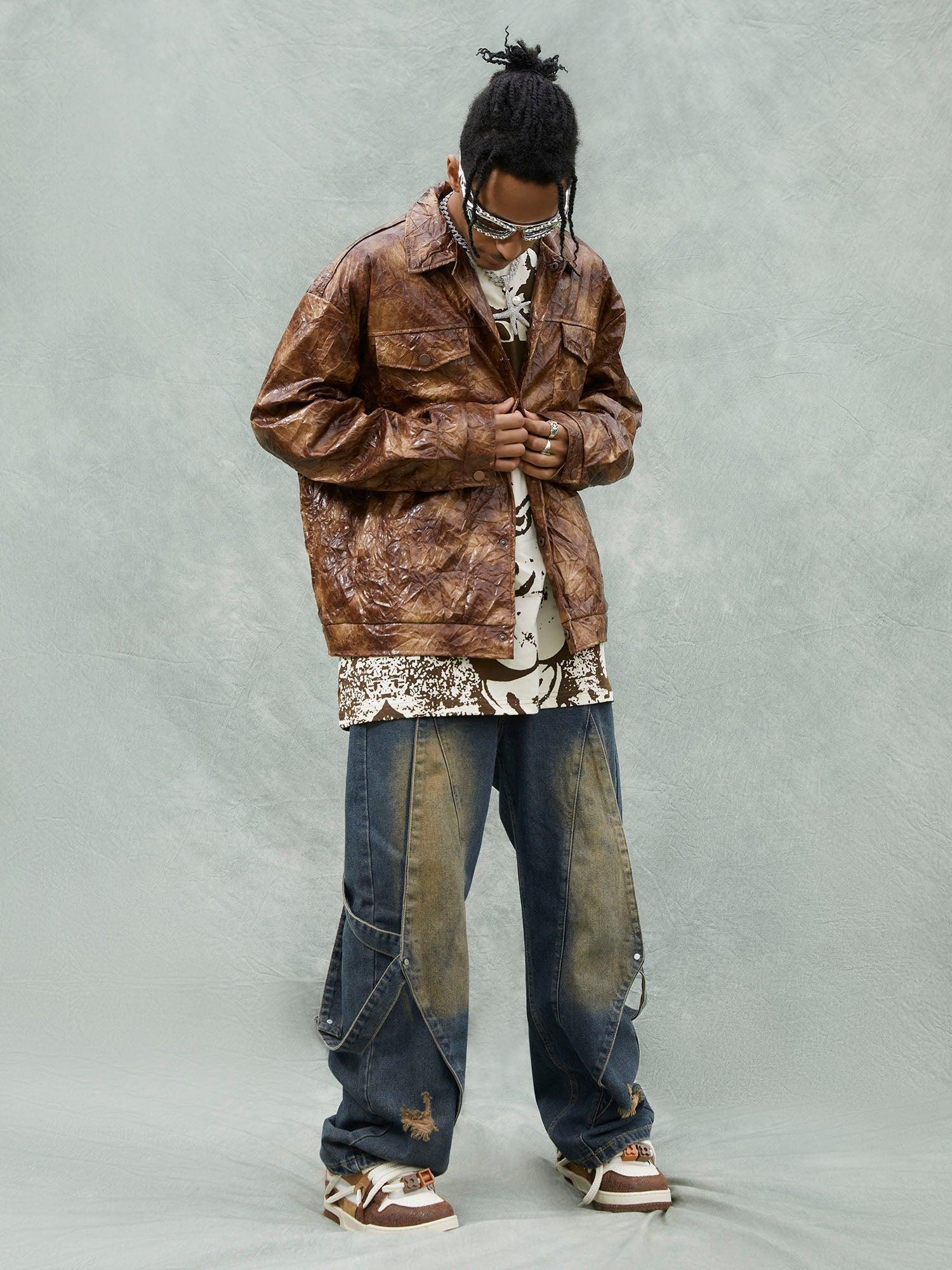 Tntwear® - Leather Pleated Slim Fit Brown Jacket - tntwear1