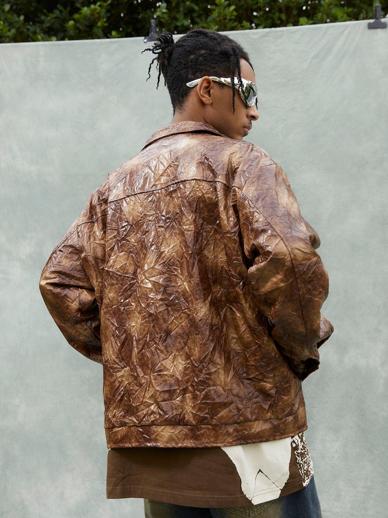 Tntwear® - Leather Pleated Slim Fit Brown Jacket - tntwear1
