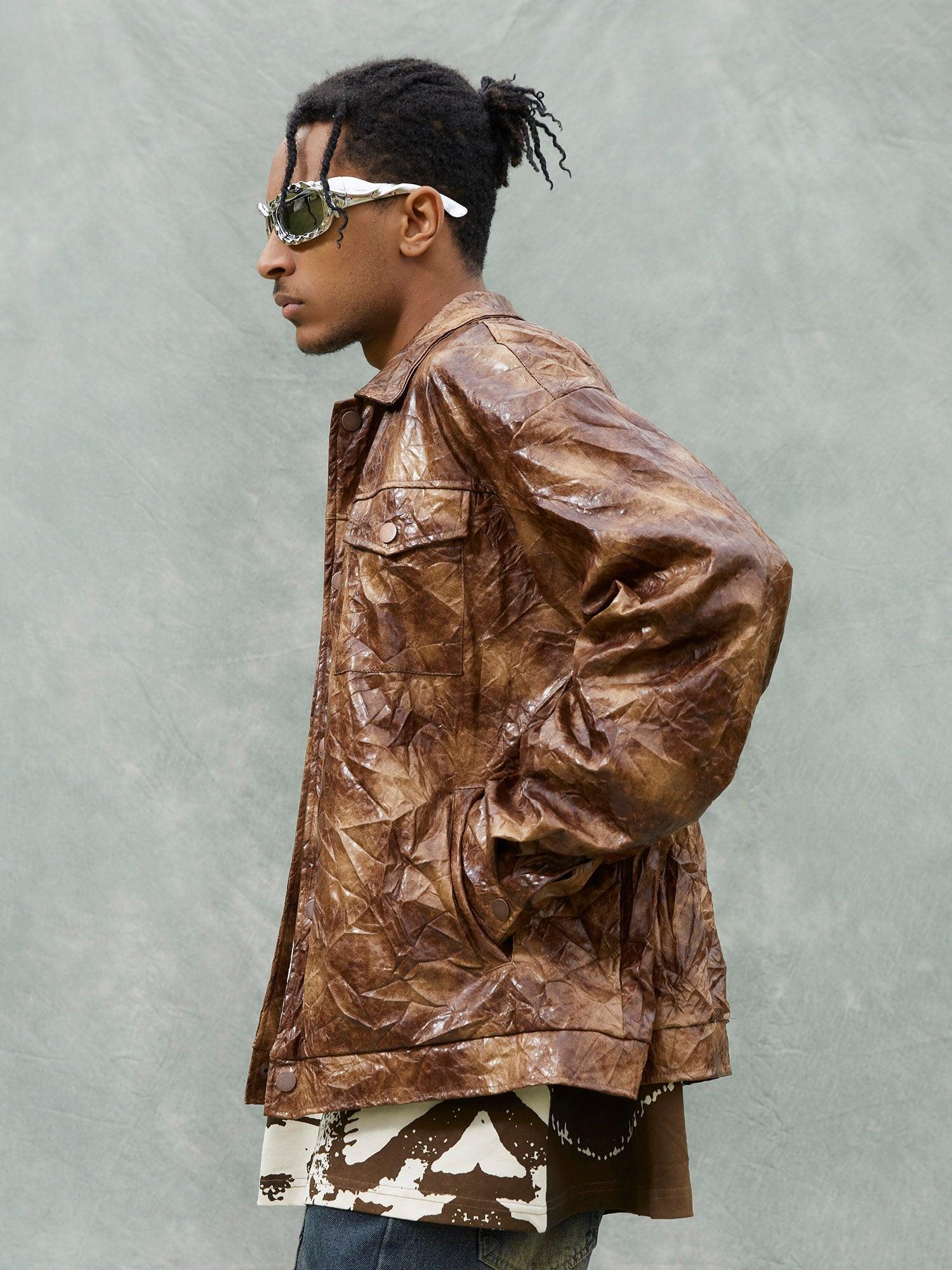 Tntwear® - Leather Pleated Slim Fit Brown Jacket - tntwear1