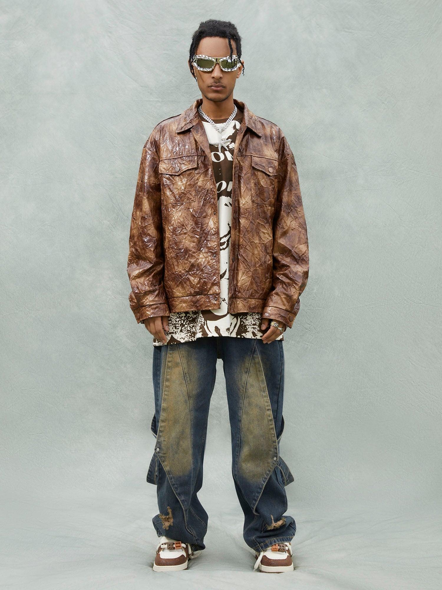 Tntwear® - Leather Pleated Slim Fit Brown Jacket - tntwear1