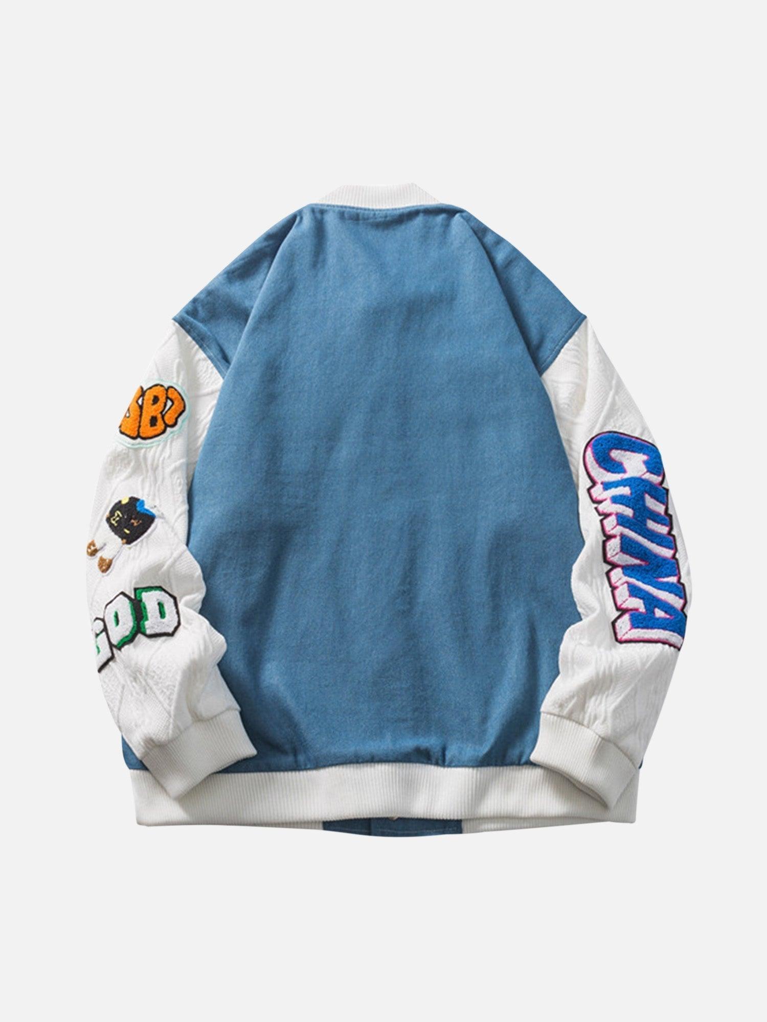 Tntwear® - Patch Embroidered Denim Patchwork Baseball Jacket - tntwear1