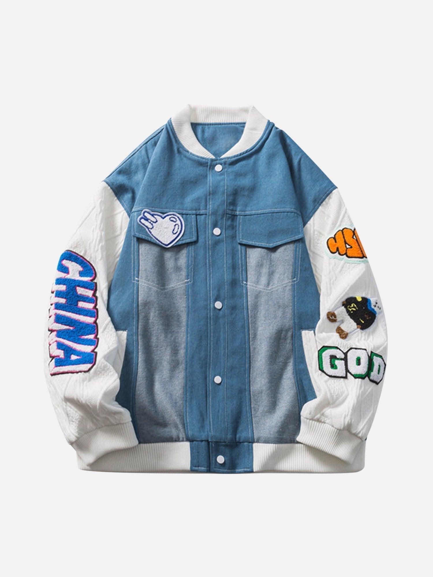 Tntwear® - Patch Embroidered Denim Patchwork Baseball Jacket - tntwear1