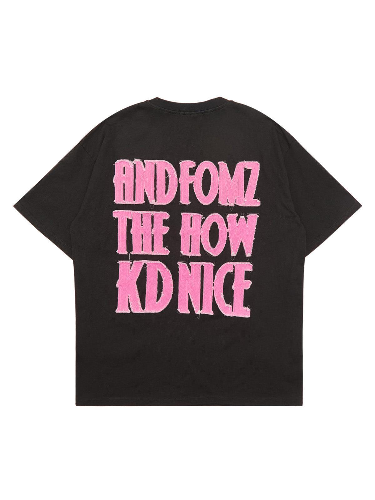 Tntwear Pink Letter Applique Street Rap T-shirt - 2145