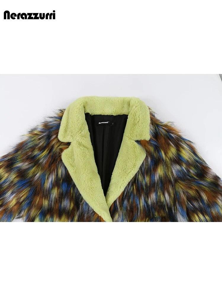 Nerazzurri Winter Long Colorful Thick Warm Colorful Hairy Shaggy Patchwork Faux Fox Fur Coat Women Fluffy Furry Overcoat - tntwear1