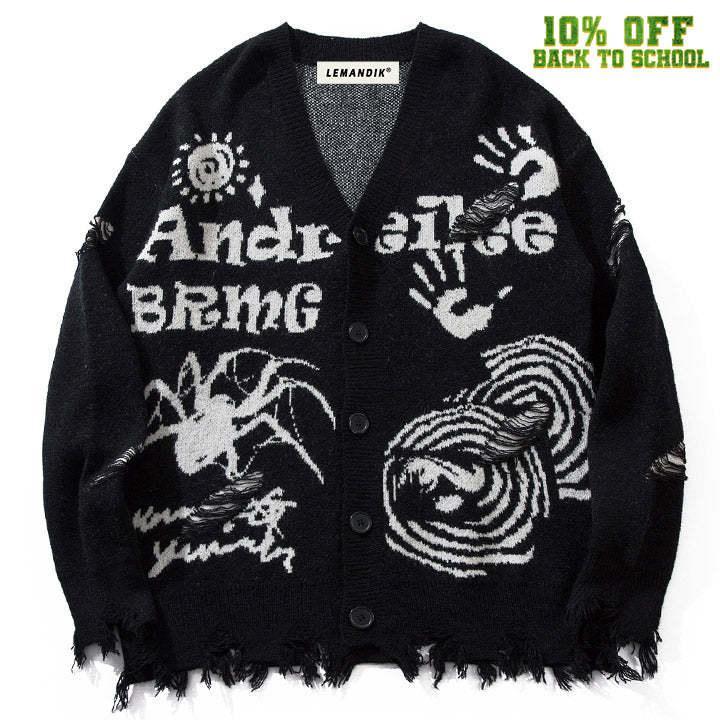 Tntwear® Ripped Sweater Cardigan Spider Print - tntwear1