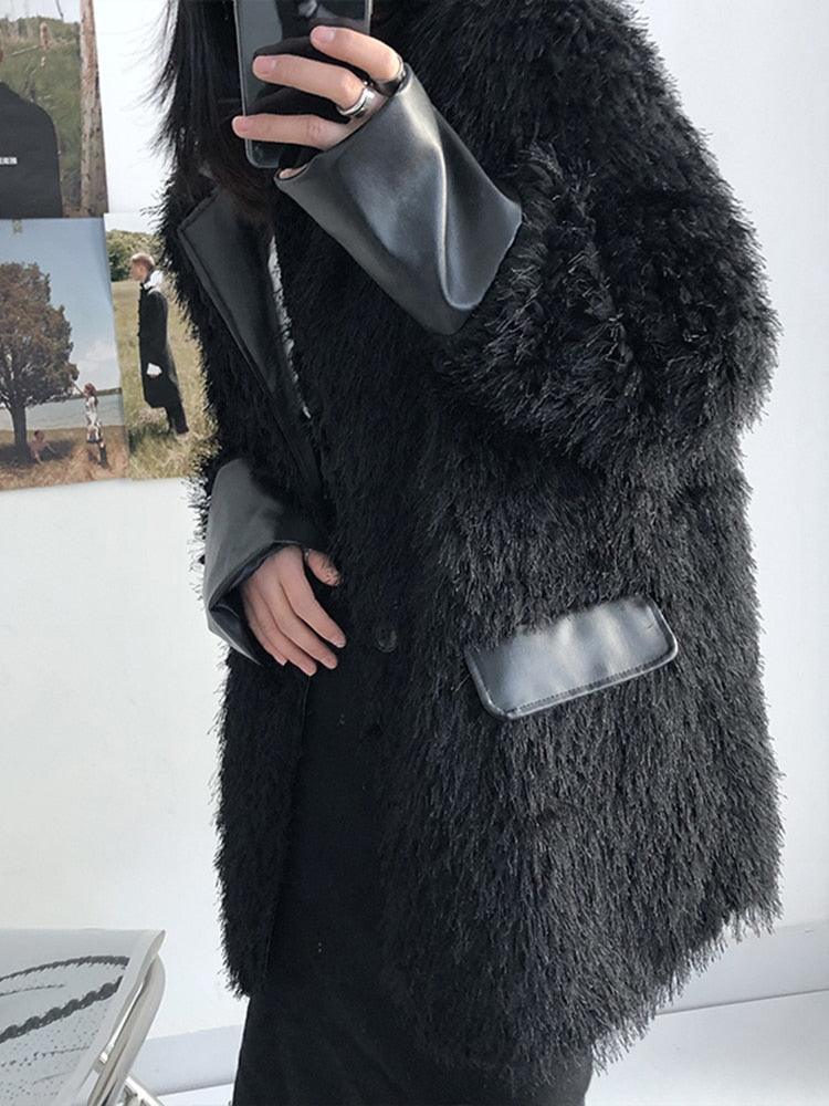 Korean Designed Black Imitation Fur Thick Coat - tntwear1