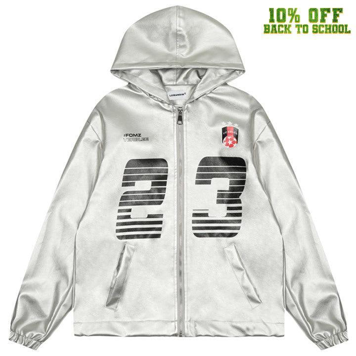 Tntwear® Silver Faux Leather Zipper Hoodie 23 Print - tntwear1