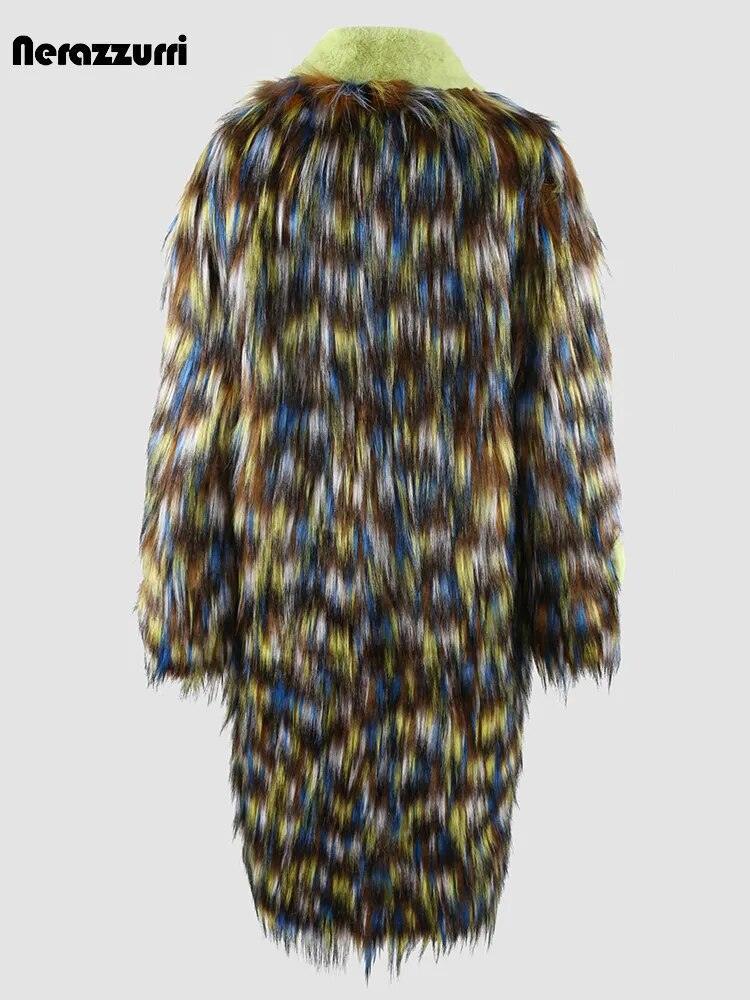 Nerazzurri Winter Long Colorful Thick Warm Colorful Hairy Shaggy Patchwork Faux Fox Fur Coat Women Fluffy Furry Overcoat - tntwear1