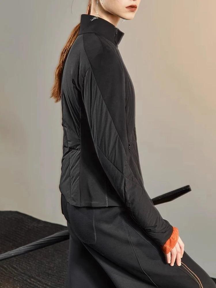 Women's Cotton-padded Stand Collar Waist Retraction Irregular Slim Black Parkas Jackets Winter - tntwear1