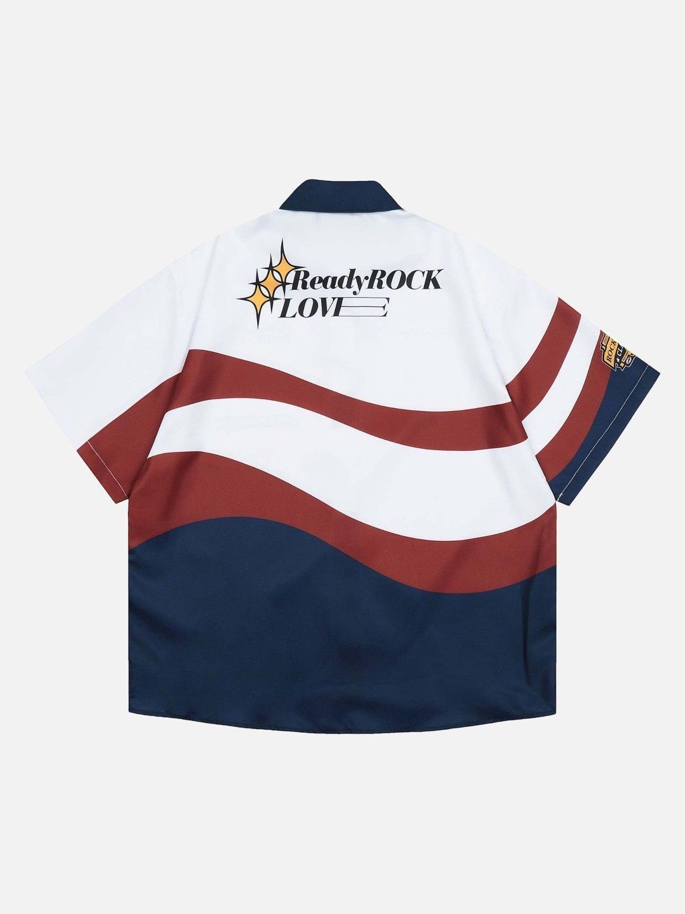 Sneakerland American Style Color Block Print Lapel Shirt - tntwear1