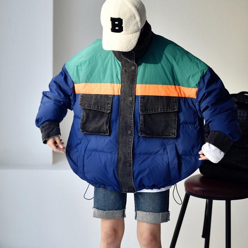 Korean Casual Neutral Stitching Color Cowboy stitching loose Standing Collar White Duck Down Jacket - tntwear1