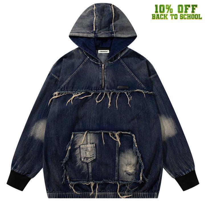 Tntwear® Distressed Wash Raw Edge Denim Hoodie - tntwear1