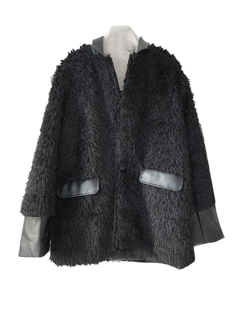 Korean Designed Black Imitation Fur Thick Coat - tntwear1