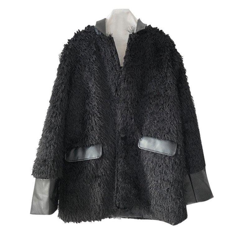 Korean Designed Black Imitation Fur Thick Coat - tntwear1
