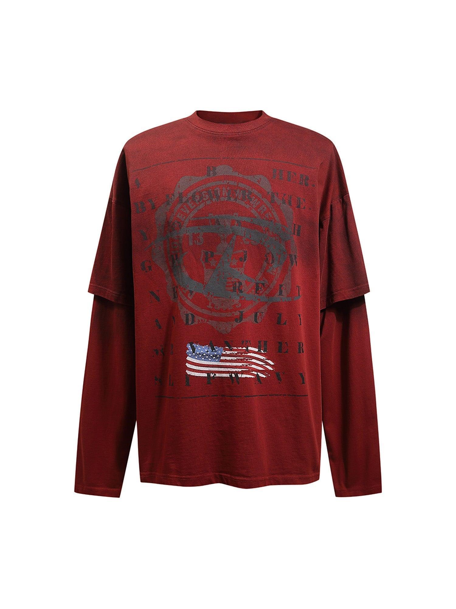 Tntwear Retro Spray Mock Two-Piece Long Sleeve T-shirt - 2188
