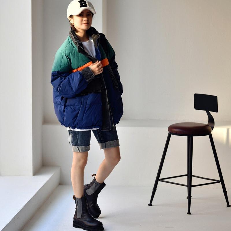 Korean Casual Neutral Stitching Color Cowboy stitching loose Standing Collar White Duck Down Jacket - tntwear1