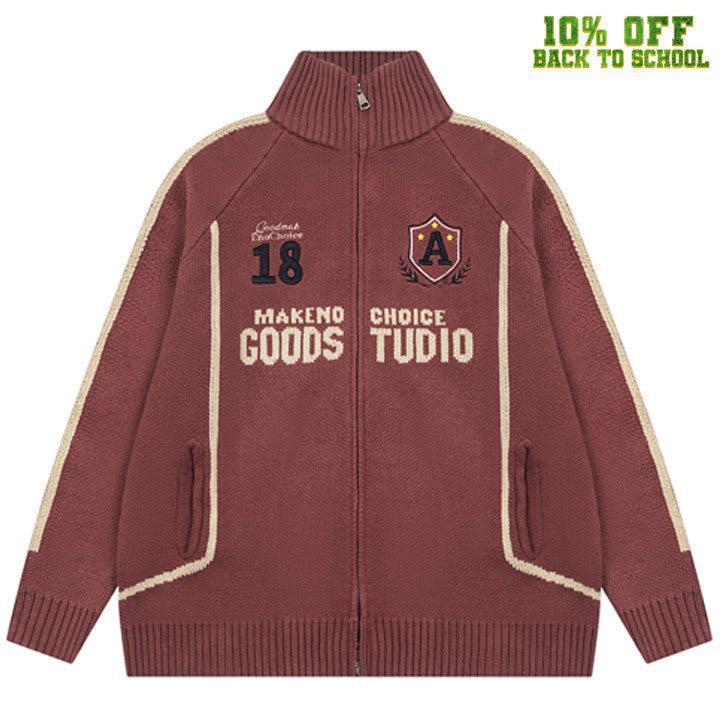 Tntwear® High Neck Zipper Knit Sweater Letter Patch - tntwear1