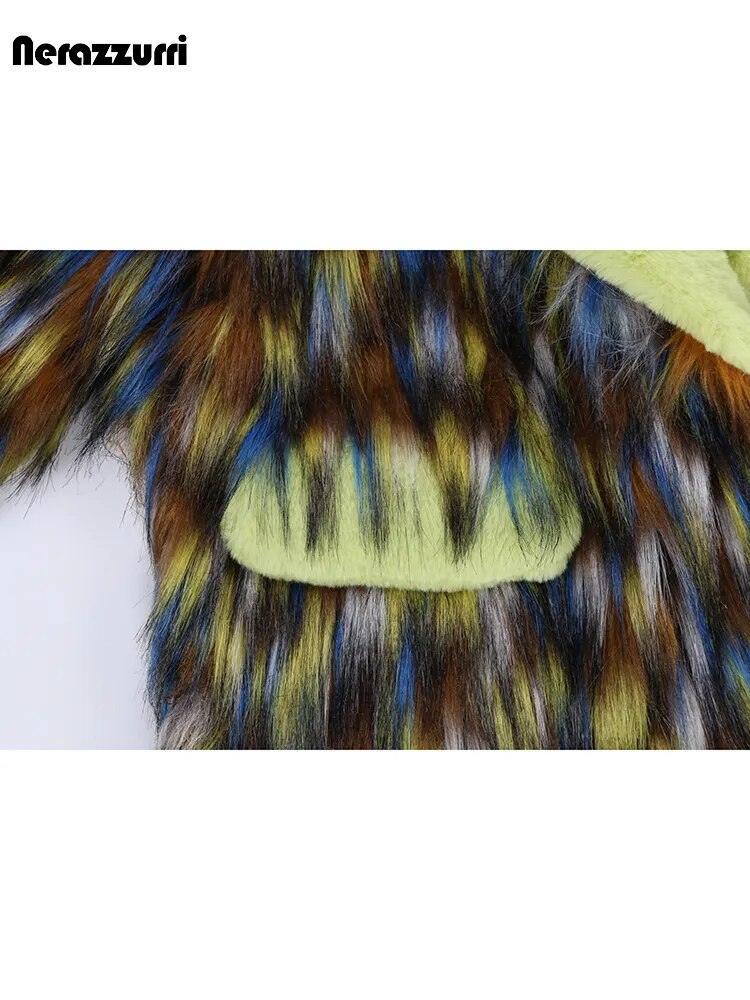 Nerazzurri Winter Long Colorful Thick Warm Colorful Hairy Shaggy Patchwork Faux Fox Fur Coat Women Fluffy Furry Overcoat - tntwear1