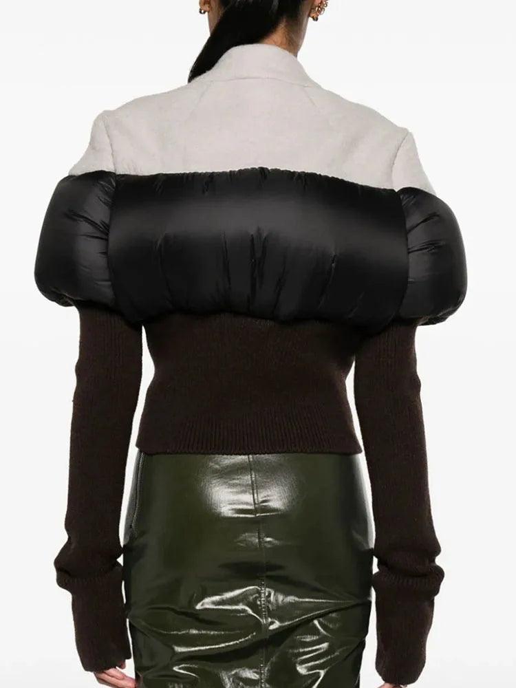 Fashion Women's Knitted Wool Patchwork Coat Stand Collar Black White Color Block Duck Down Jackets Winter - tntwear1