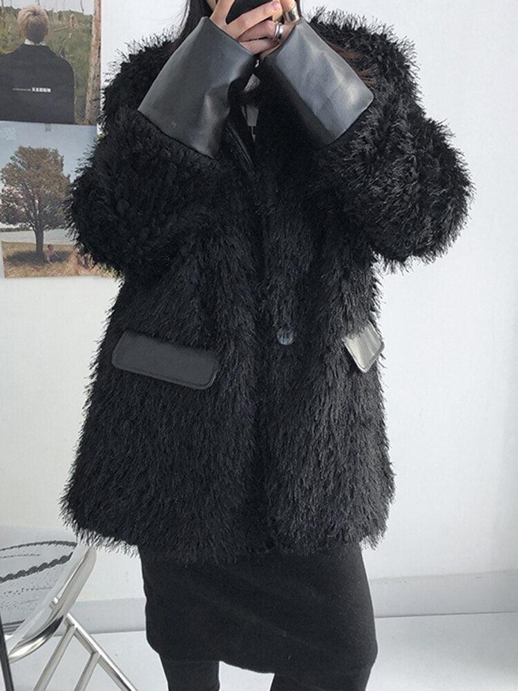 Korean Designed Black Imitation Fur Thick Coat - tntwear1