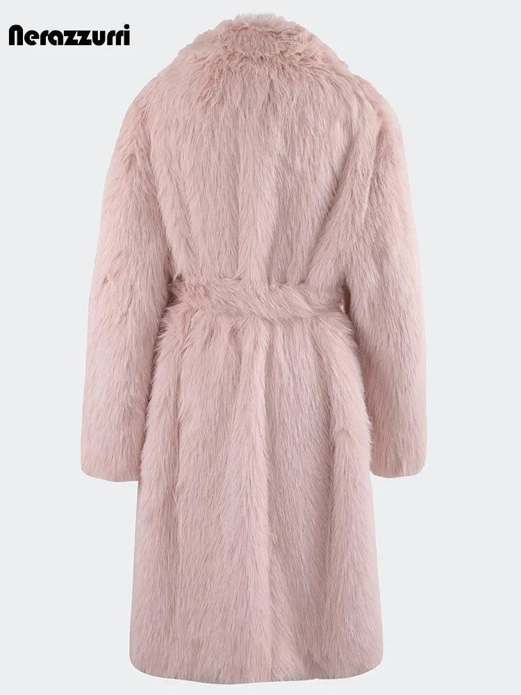 Nerazzurri Winter Long Oversized Pink Hairy Thick Warm Soft Faux Fur Coat Women Sashes High Quality Loose Casual Furry Overcoat - tntwear1