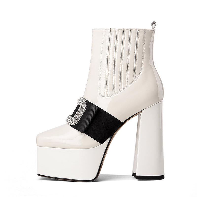 Autumn And Winter Leather Women's Shoes Wedding Shoes Stage Square Toe Thick Heels High Heels Sexy Large Size Leather Short Boots - tntwear1