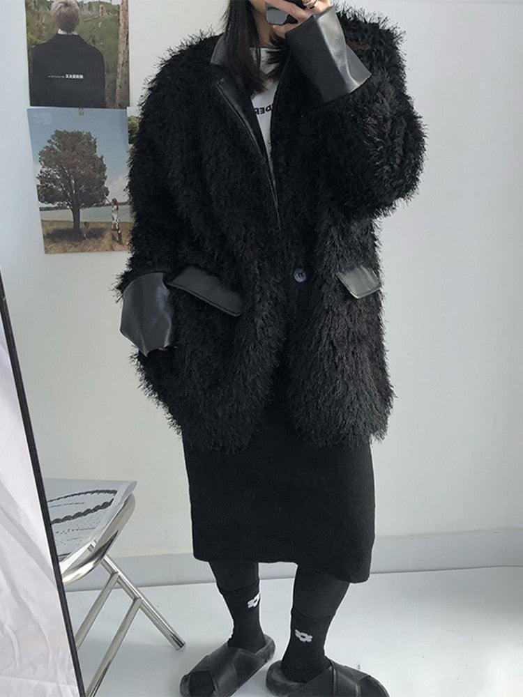 Korean Designed Black Imitation Fur Thick Coat - tntwear1