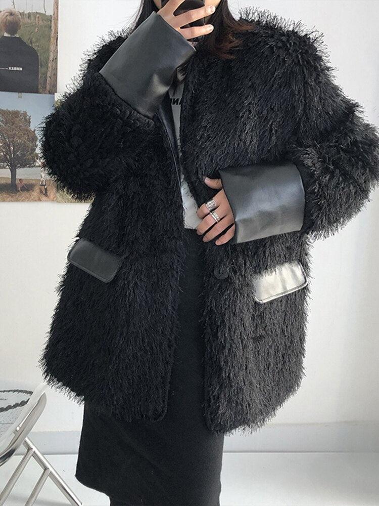 Korean Designed Black Imitation Fur Thick Coat - tntwear1