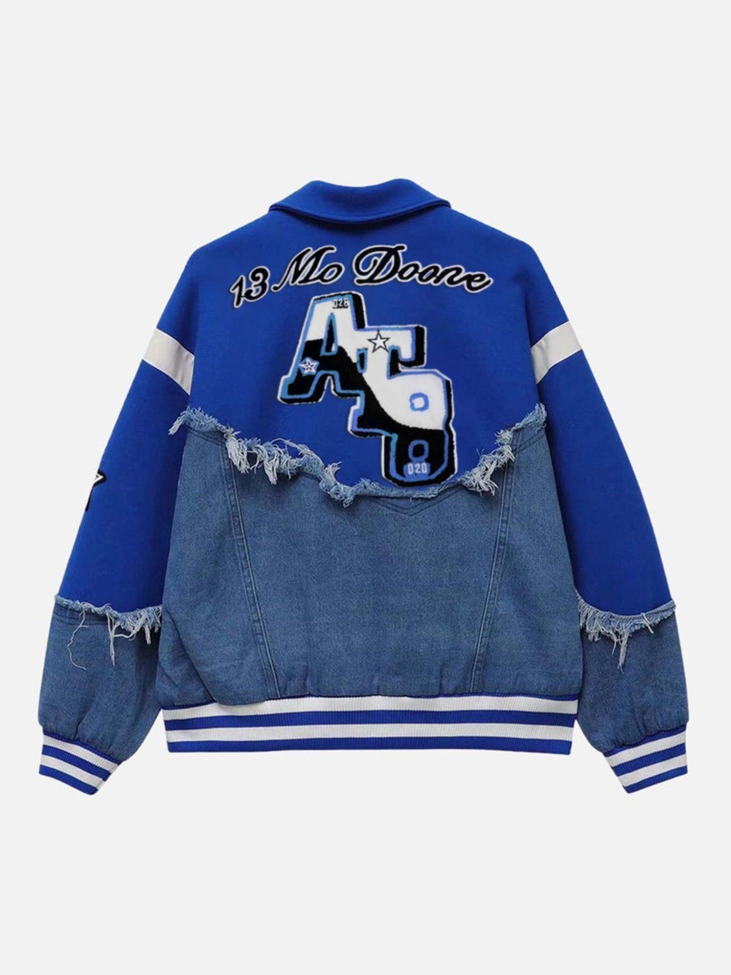 Tntwear® - American High Street Denim Fabric Splicing Baseball Jacket -1445 - tntwear1