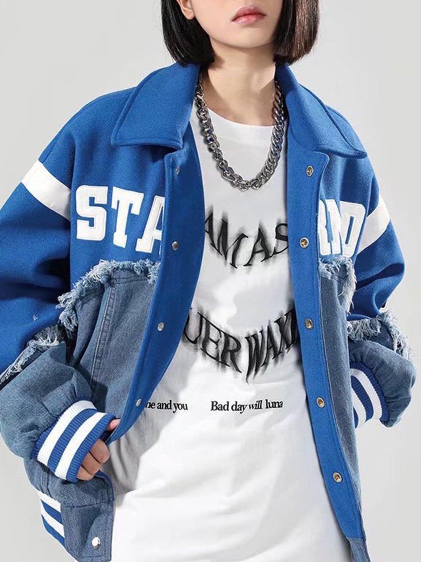 Tntwear® - American High Street Denim Fabric Splicing Baseball Jacket -1445 - tntwear1