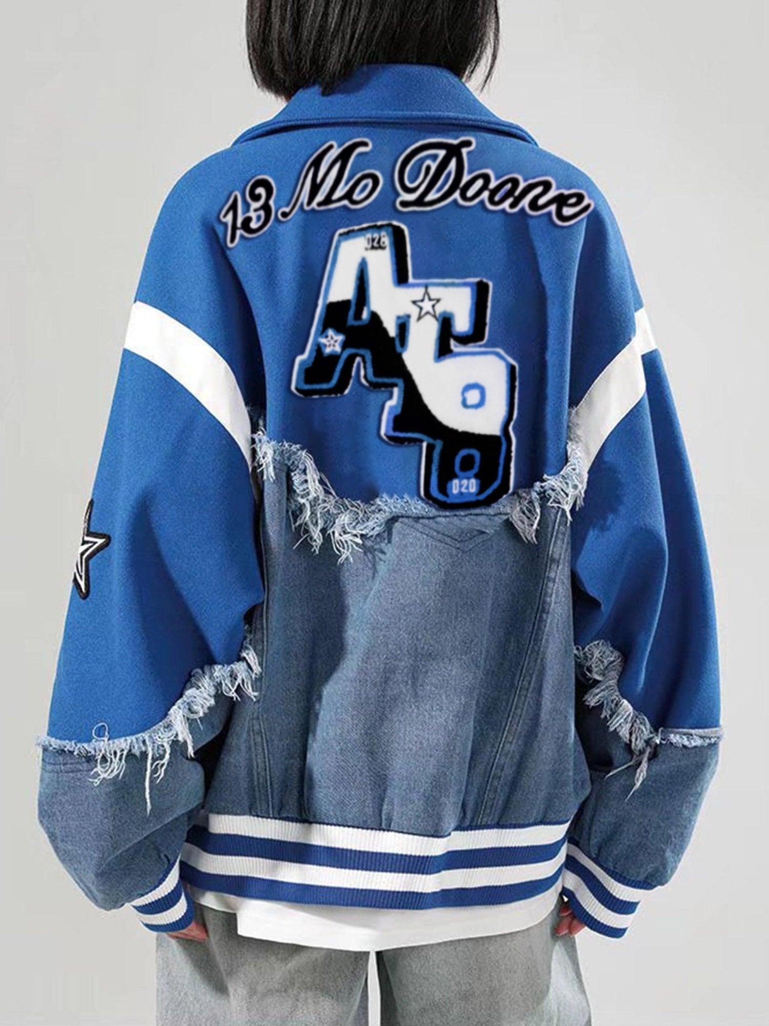 Tntwear® - American High Street Denim Fabric Splicing Baseball Jacket -1445 - tntwear1