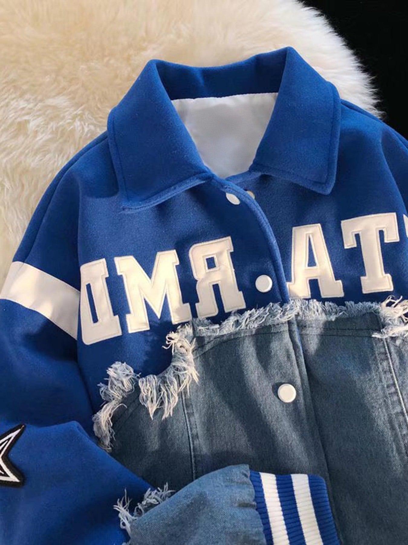 Tntwear® - American High Street Denim Fabric Splicing Baseball Jacket -1445 - tntwear1
