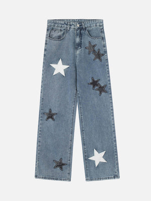 Tntwear® - American Vintage Five-pointed Star Patch Embroidered Jeans Loose Straight-legged Pants -1439 - tntwear1